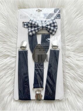 NWT Rising Star Infant/Toddler Navy Suspenders & Gingham Bow Tie Set